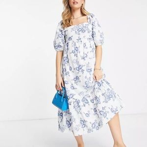 square neck tiered midi dress with tie back in white and blue floral